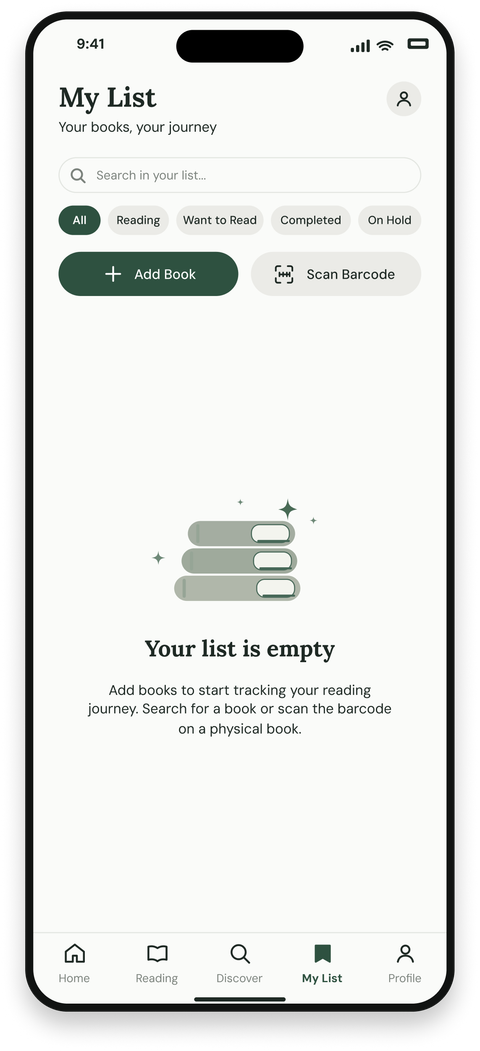My List med en tom bogliste og knapperne Add Book og Scan Barcode.
