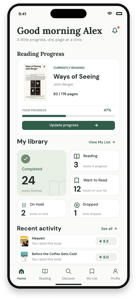 Home med den aktuelle bog, læsefremgang, biblioteksstatus og seneste aktivitet.