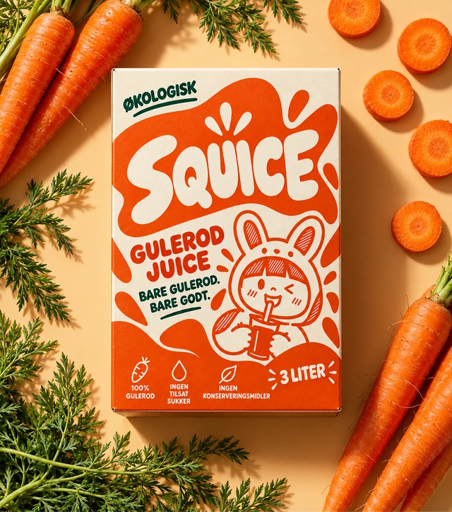 Squice-emballage fotograferet ovenfra blandt friske gulerødder og gulerodsskiver.