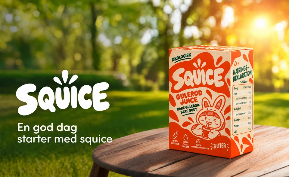 Squice-gulerodsjuice i parken med logoet og budskabet: En god dag starter med squice.