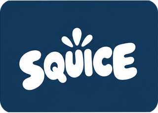 Squice-logo på blå baggrund.