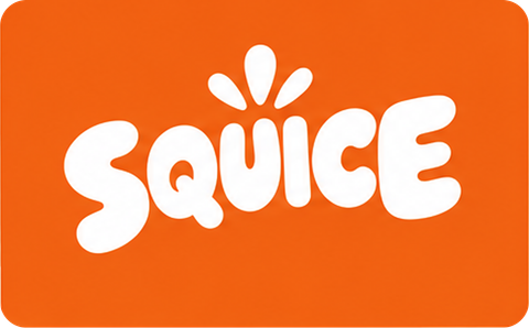 Det hvide Squice-logo på orange baggrund – den primære variant.
