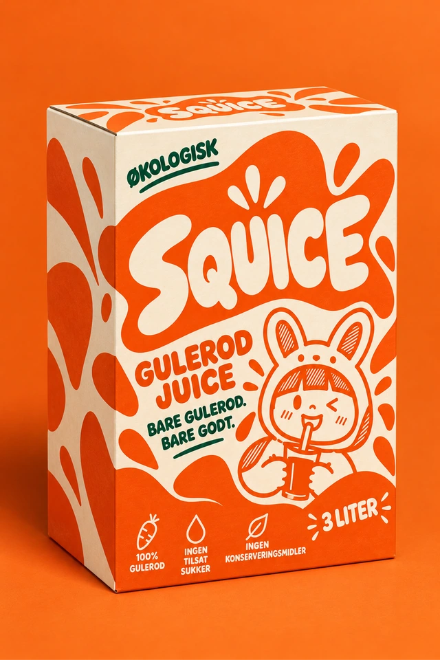 Squice-emballagen med orange former, hvidt logo og den illustrerede kanin på en orange baggrund.