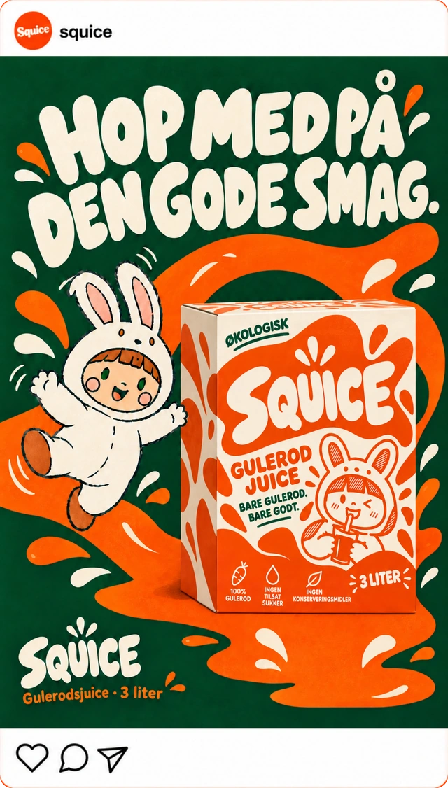 Kampagneopslag: Hop med på den gode smag. Maskotten og Squice-emballagen på grøn baggrund med orange former.