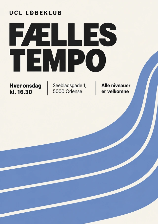 UCL Løbeklub-plakat: Fælles tempo, med blå løbebaner på cremefarvet baggrund.
