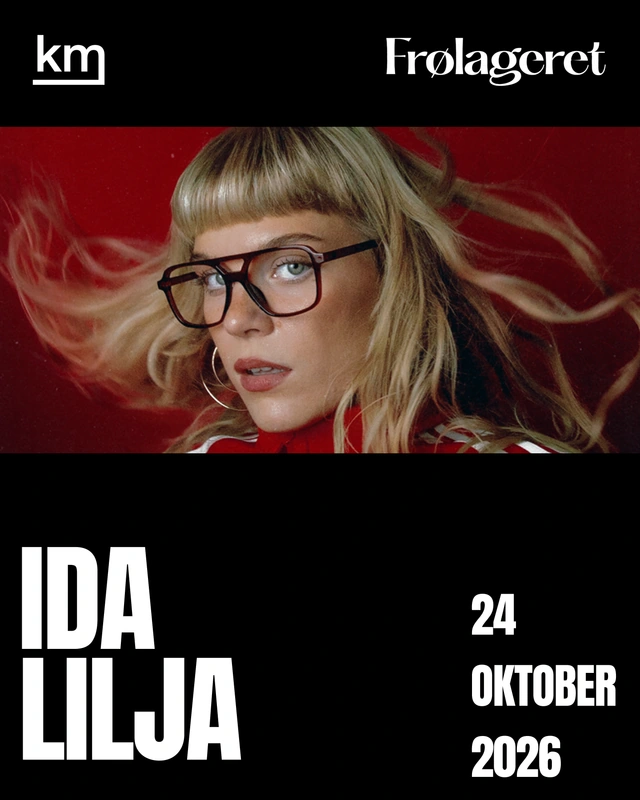 Ida Lilja-plakat for Frølageret med et portræt på rød baggrund og hvid typografi på sort.