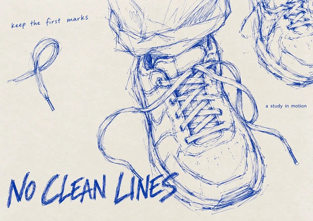 No Clean Lines: blå skitse af sneakers på cremefarvet papir.