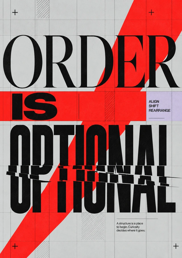 Order is optional-plakat med sort typografi, gråt gitter og en rød diagonal.