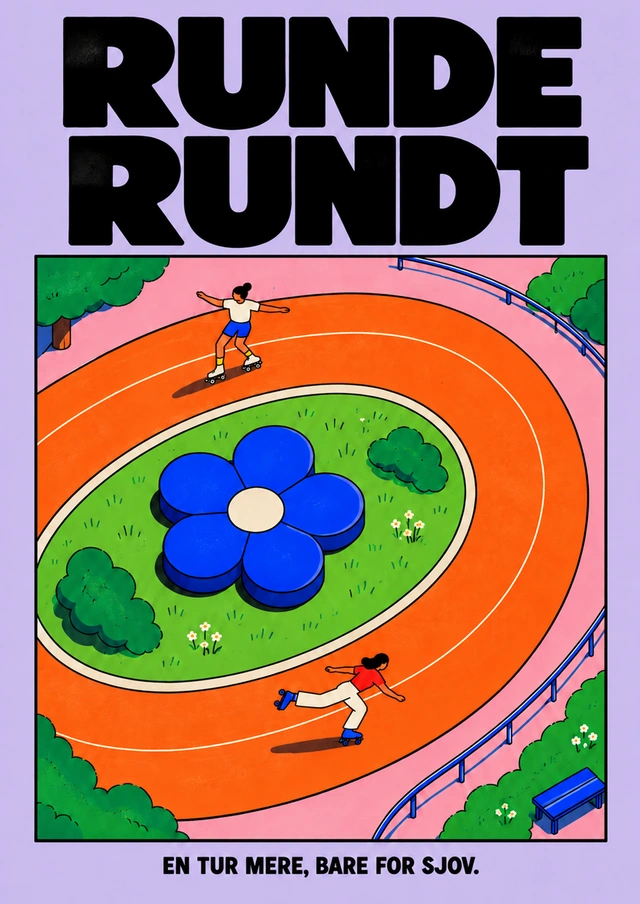 Runde rundt-plakat med rulleskøjteløbere på en orange bane omkring en blå blomst og med lilla baggrund.